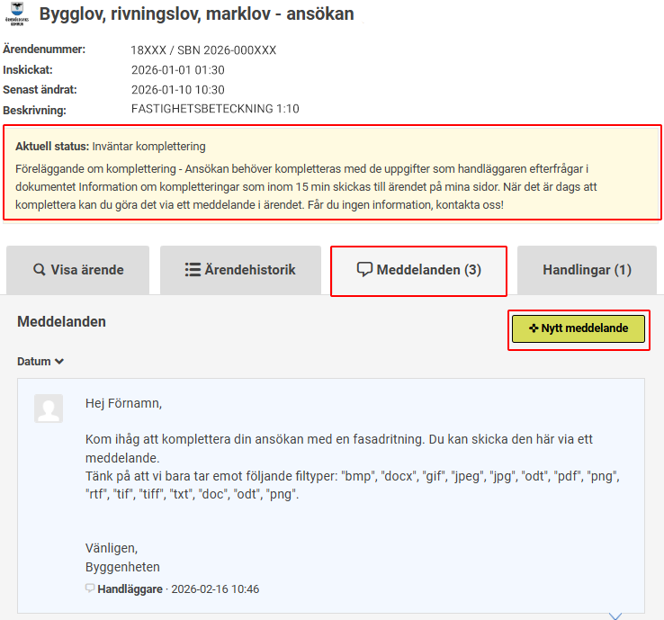 F�rklaring av var du kan komplettera via ett meddelande.
